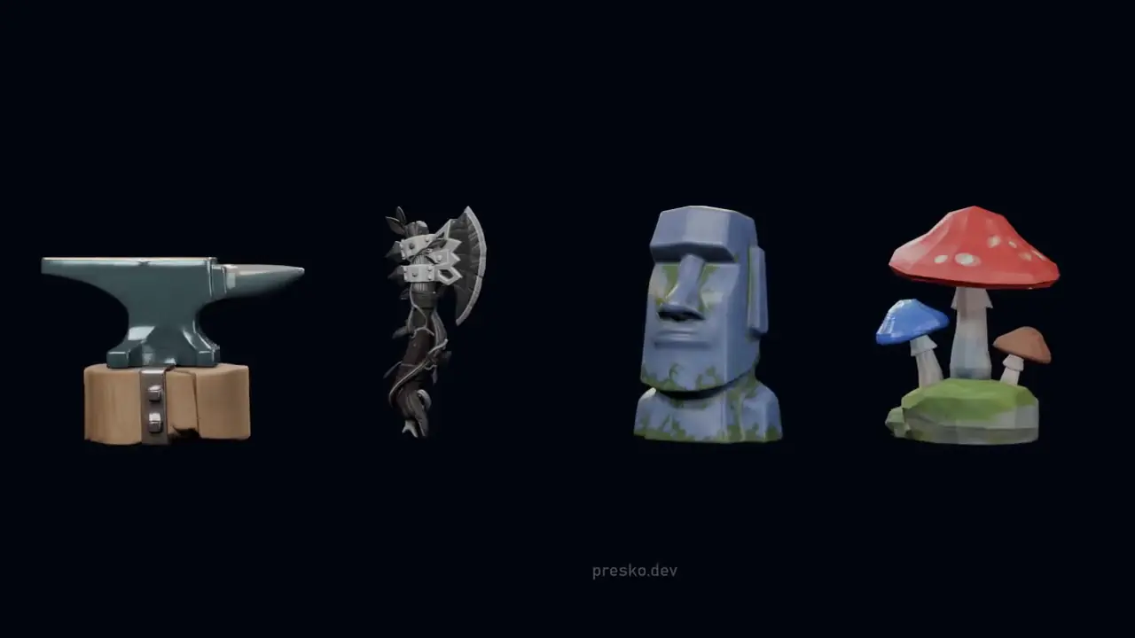Four models made with Asset Forge turning side by side: an anvil, a broad axe, a stone head and mushrooms