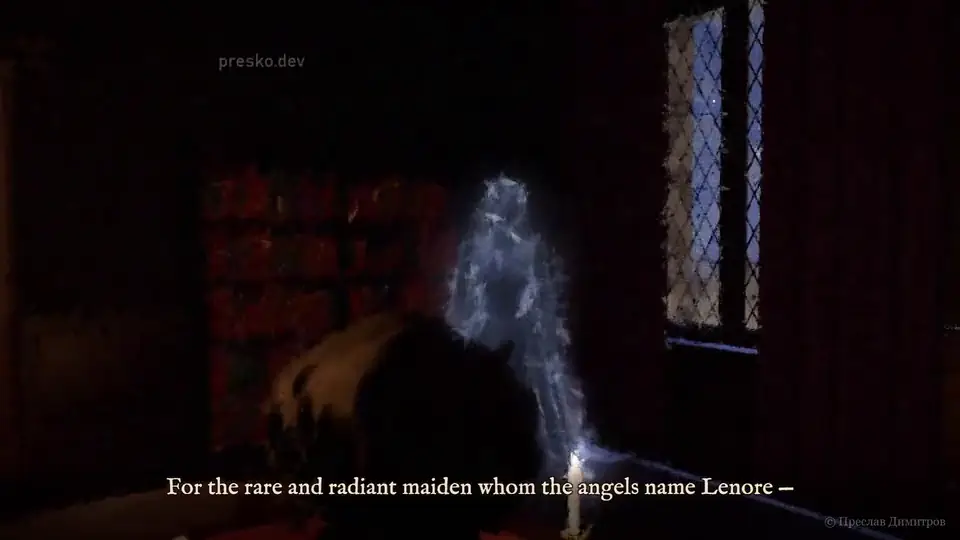 A pale blue ghost stands by the window of Poe’s study, in the candlelight