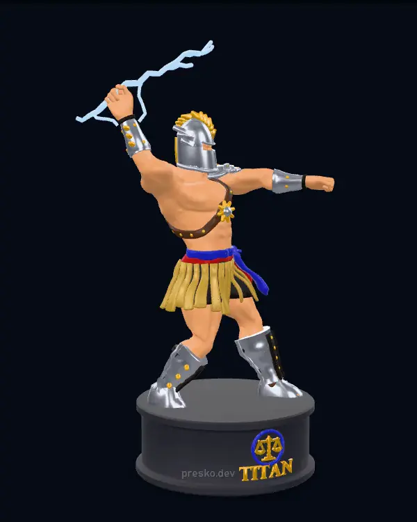 The Titan statue turning, a thunderbolt raised in its hand